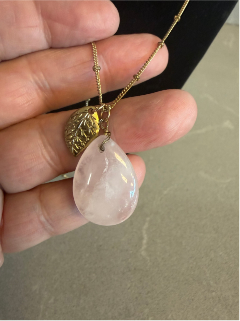 Rose Quartz Teardrop Pendant Necklace Gold Tone Leaf Charm Pink Stone